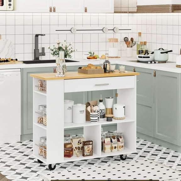 Walsunny Kitchen Island on Wheels with Storage Cabinet, Rolling Cart Kitchen Storage Organizer with/3 Side Spice Rack White
