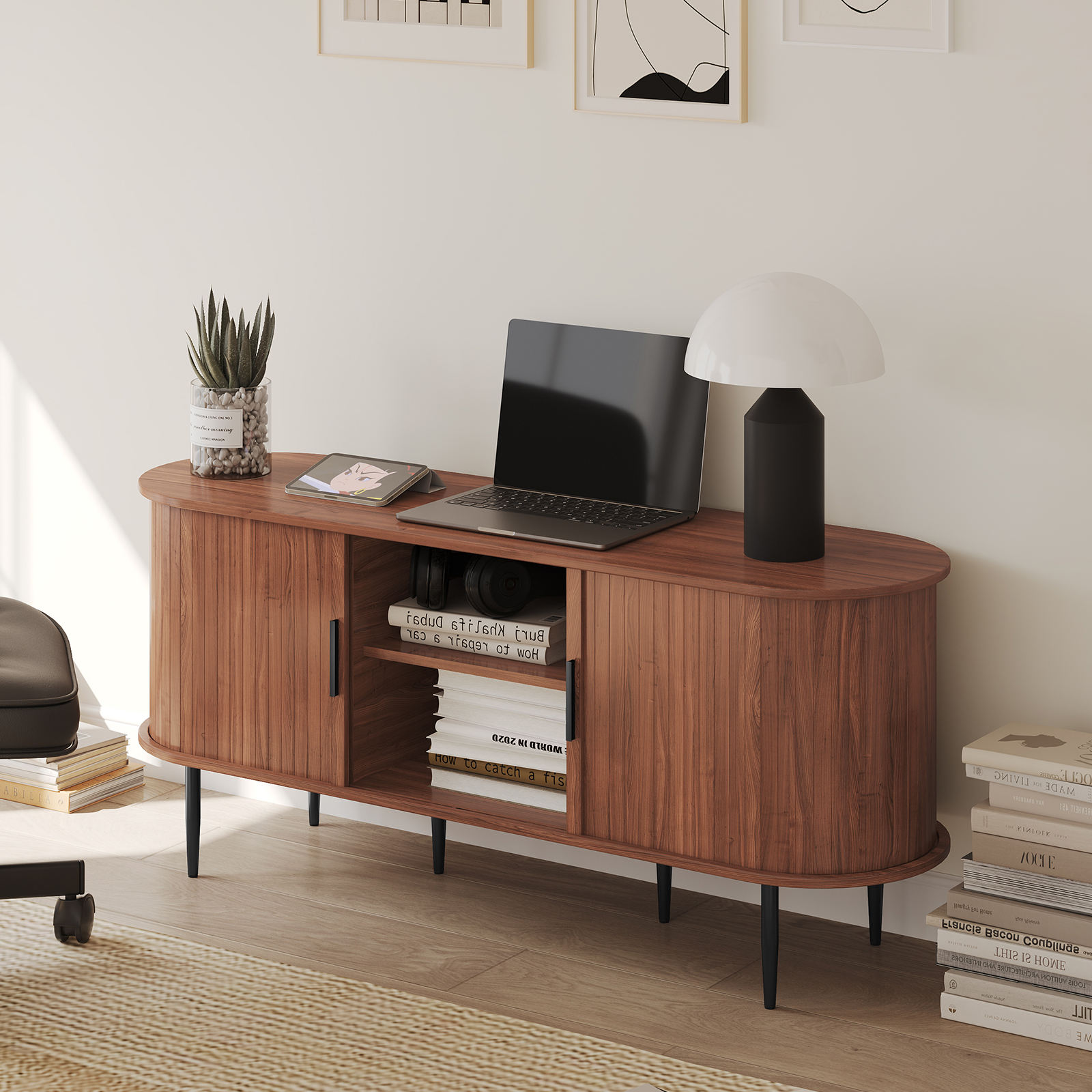 HLR 55" Mid-Century Modern TV Stand with Sliding Doors, Brown photo 6