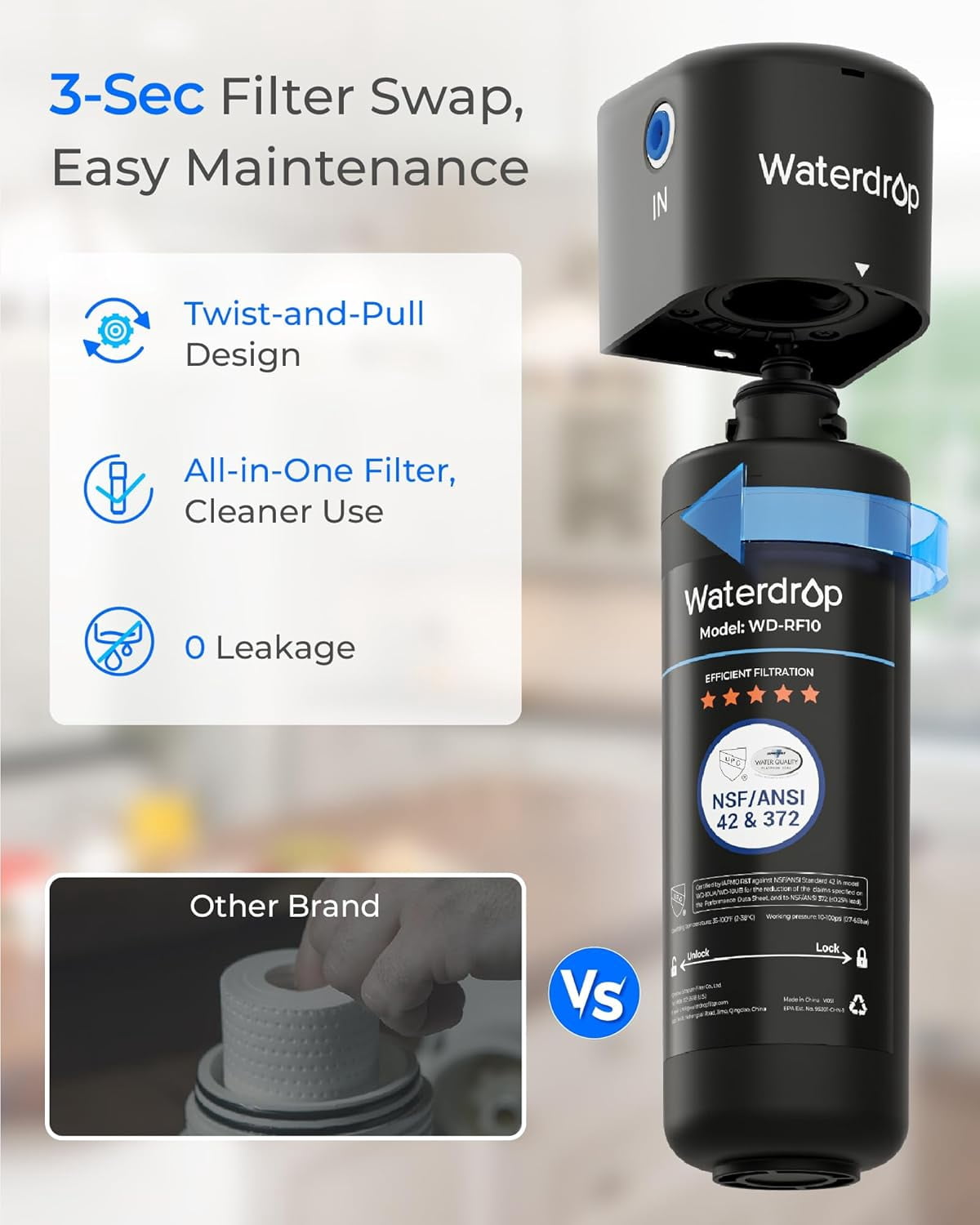 Waterdrop WD-RF10 Under Sink Water Filter, Replacement 10UA Under Counter Water Filtration System, 8000 Gallons High Capacity