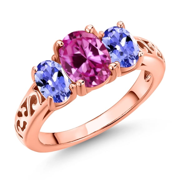 Gem Stone King 18K Rose Gold Plated Silver Pink Created Sapphire and Blue Tanzanite Filigree Style 3 Stone Ring for Women (2.55 Cttw, Oval 8X6MM and 6X4MM) (Size 8)