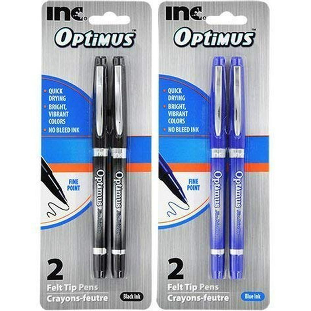 INC Optimus 4 Felt Tip Fine Point Pens 2 Black/2 Blue No Bleed Ink