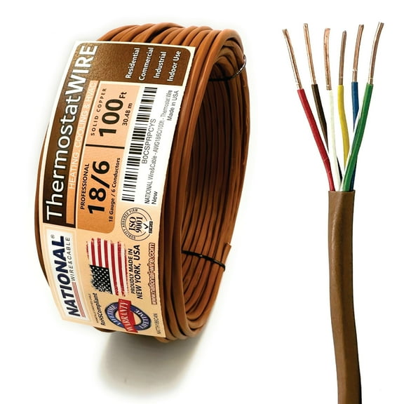 NATIONAL Wire&Cable - 18 Gauge 6 Conductor - 100Ft. - Thermostat Wire - Made in USA - 100% Solid Copper Conductors, CL2 ETL Listed