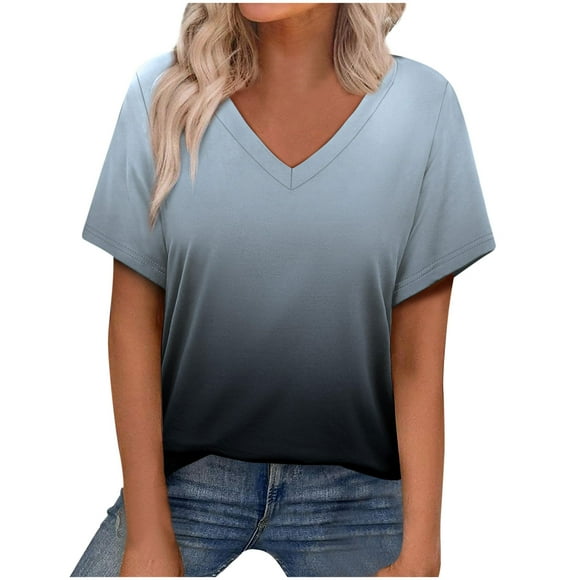 Scyoekwg T-Shirts à Manches Courtes pour Femmes, Col Rond Décontracté, Chemises à Dégradé de Couleurs, T-Shirts Graphiques, Blouses (Noir,P)