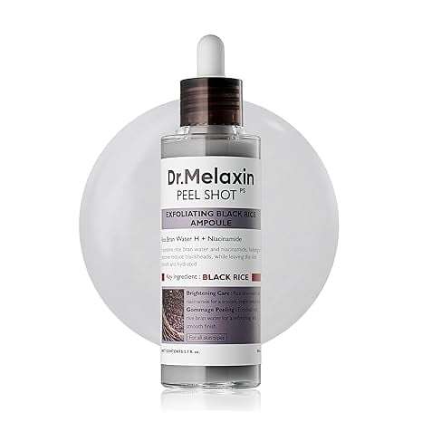 Dr. Melaxin Peel Shot Glow Black Rice Peeling Ampoule 80ml, ampolla exfoliante suave para piel muerta con extracto de agua de arroz.