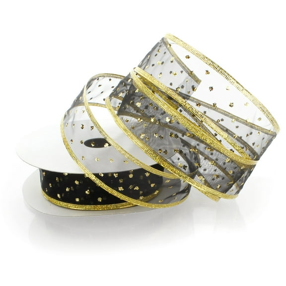 Ribbon Traditions 1 1/2" Wired Ribbon Metallic Banded Edge Sheer Glitter Dots Black/Gold 25 Yards