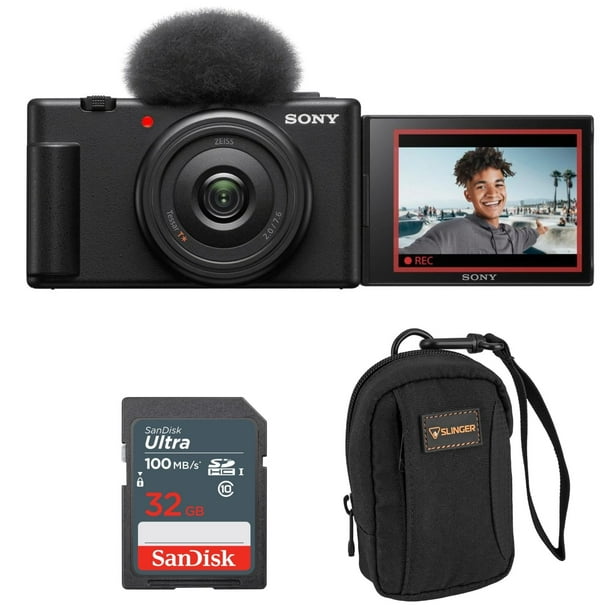 Cámara de vlogs Sony ZV-1F negra con tarjeta SD de 32 GB y bolsa