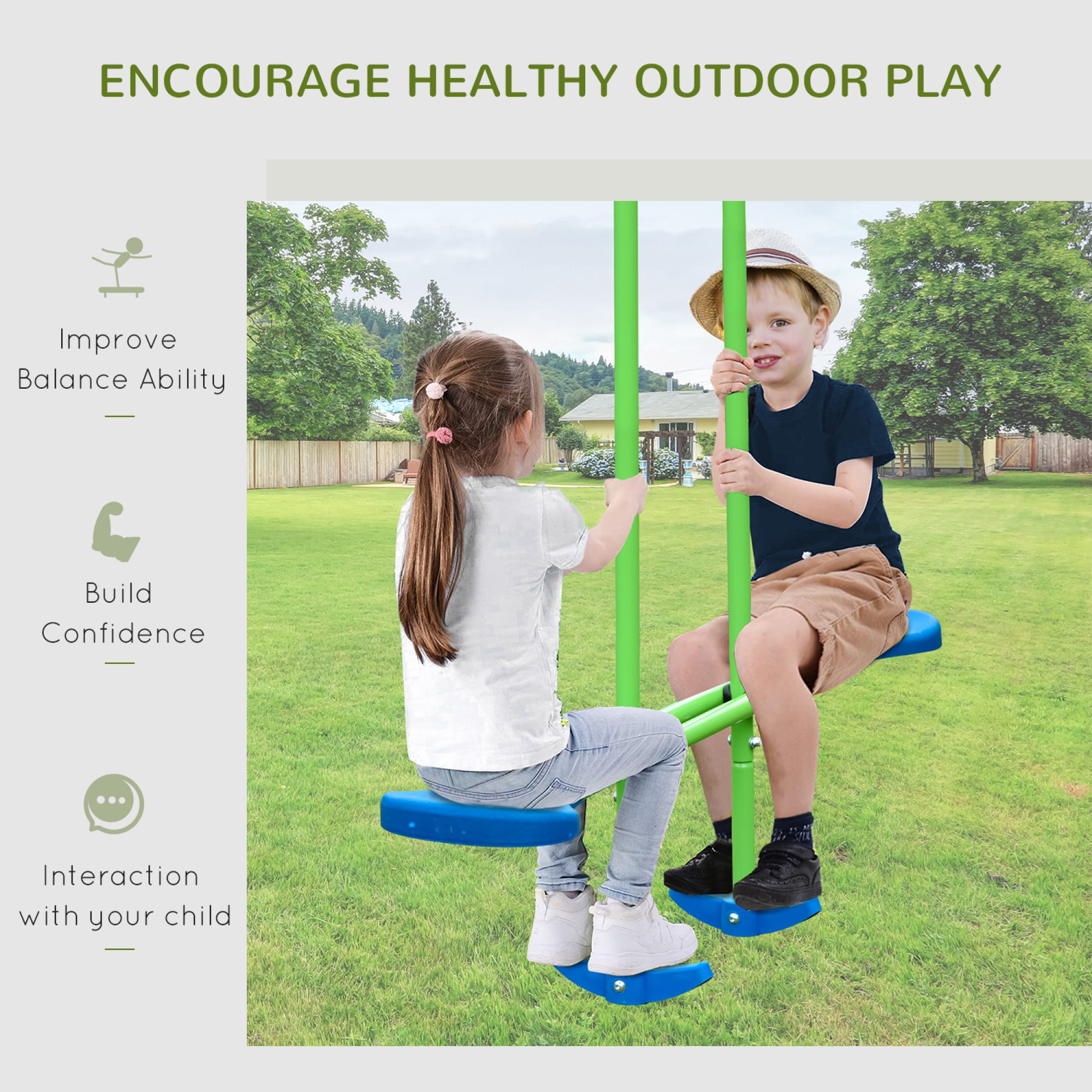 Leumius Metal Swing Set with Glider,Two Swing Seats and Adjustable Height, Outdoor Heavy Duty A-Frame Suitable for Playground,Backyard,Green