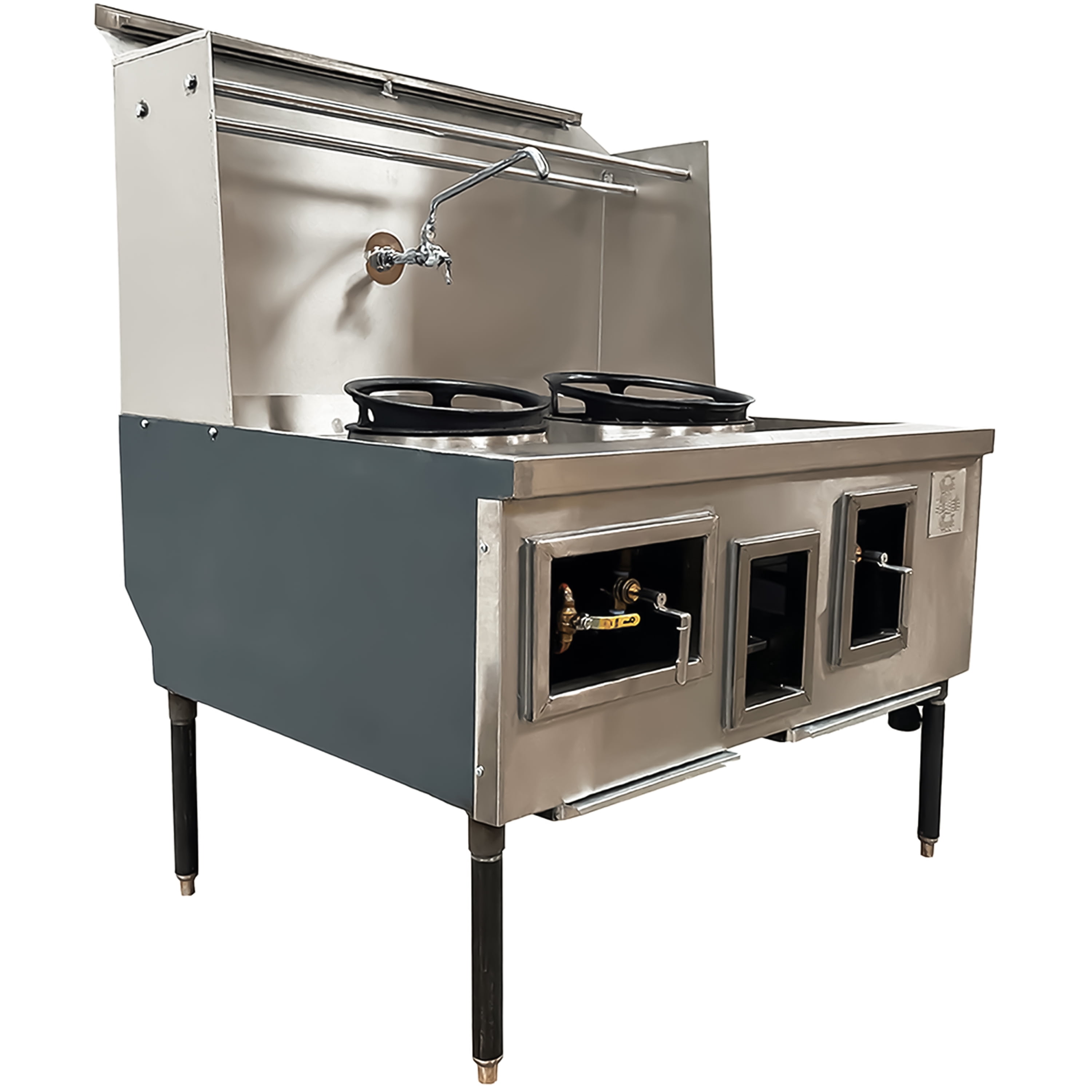 NSF Certified 47.5" 2-Hole Chinese Wok Range – 13" & 16" Ring Burners with Auto Faucet & Backsplash