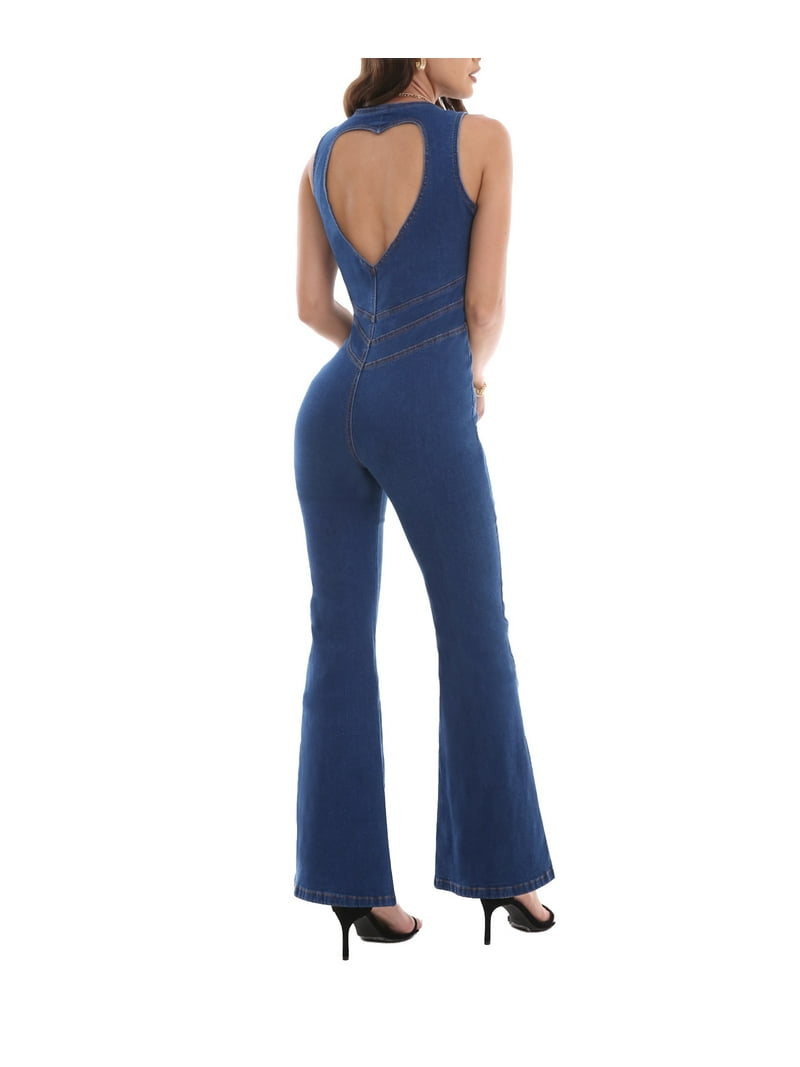 xxxiticat Women's Denim Jumpsuit with Heart Cutout Back Front Zip Up Deep V  Neck Sexy Sleeveless Bell Bottom Pants Romper(BE,M) - Walmart.com
