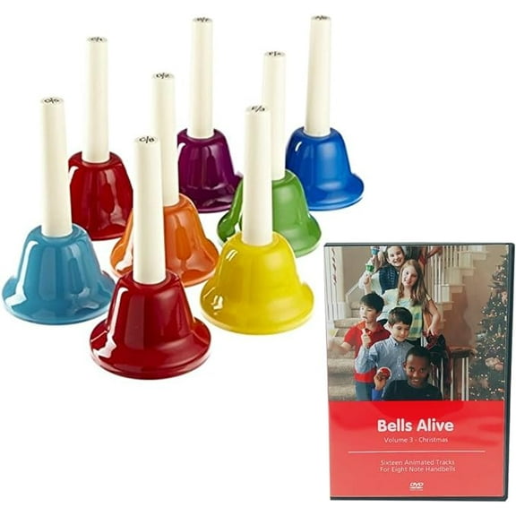 Rhythm Band 8 Note Metal Hand Bells - Set of 8 with Bells Alive Christmas DVD with 16 Animated Tracks