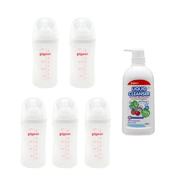 5 Biberones Pigeon Softouch 240ml y Limpiador Líquido 700ml