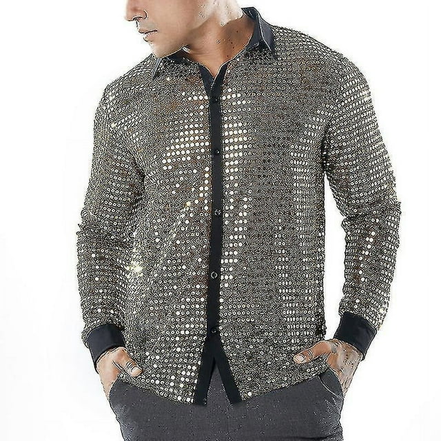 Top de malla con lentejuelas brillantes para hombre, camisa de baile disco de los años 60 y 70