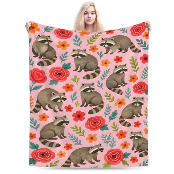 Raccoon Blanket Gifts for Funny Animal Raccoons Fleece Blankets Soft Warm Fuzzy Cute Throw Cozy Flannel Plush Stuff Flowers Throws for Men Women Bed Couch Decor 50x40