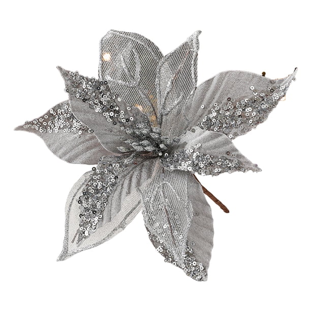 Flores artificiales navideñas de 28 cm con lentejuelas brillantes, flores de pascua de tela, flores artificiales para decorar el árbol de Navidad, bodas, cumpleaños y coronas decorativas
