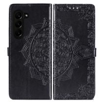 Mandala Case for Samsung Galaxy Z Fold 6, Premium Leather Flip RFID Blocking Wallet Card Magnetic Stand Protective Slim Shockproof Case with Lanyard, Embossed Flower Cover,Black