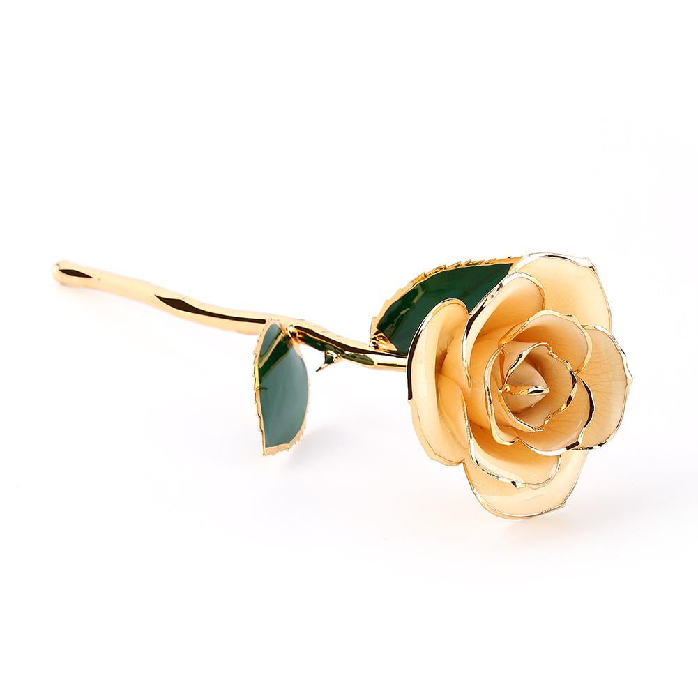 24K Gold Dipped Trim Long Stem Rose Flower Glass Valentine Mother's Day Lover 