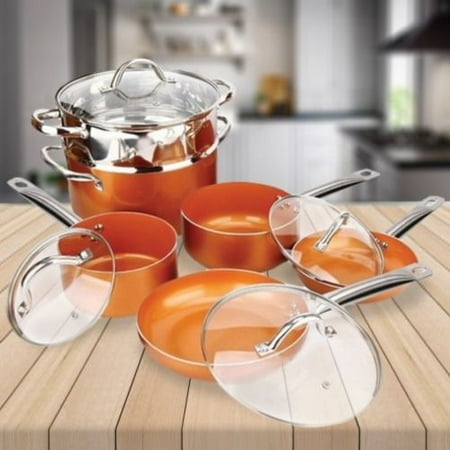 10 Piece Cookware Copper Pan Set Induction Bottom Nonstick Chef Steamer Skillet Sauce Fry