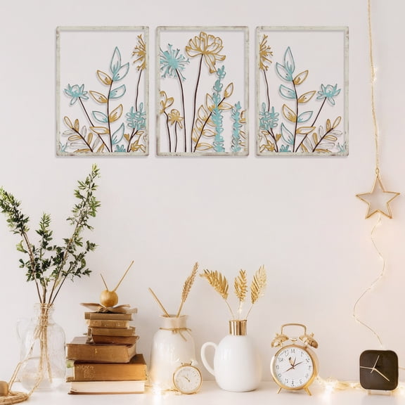 3 Piece Metal Flower Wall Art, 16.1×11.8 Inch Vintage Floral Wall Sculpture Decor, Living Room Bedroom Bathroom Kitchen Minimalist Home Decorations