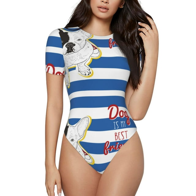 Balery Bulldog Friend Body de cuello redondo de manga corta para mujer Tops de manga corta Tops básicos-Medium