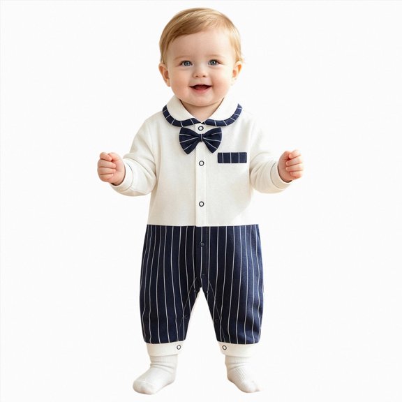 larppty Newborn Baby Boy Gentleman Romper Tuxedo One-Piece Outfit with Bow Tie,Long Sleeve Formal Wear