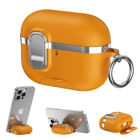 Allytechgroup Case for Apple AirPods 4 2024, PU Leather Electroplate PC Cover with Secure Lock Button & Ring Loop Protective Wireless Charging Support Case for AirPods 4th Gen, Yellow