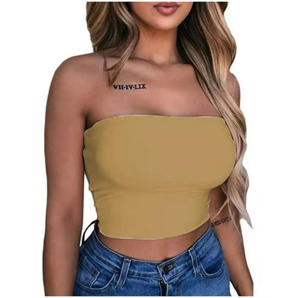 Women's Solid Color Summer Crop Tops Fashion Casual Top Solid Color Tube  Top Strapless Blouse 