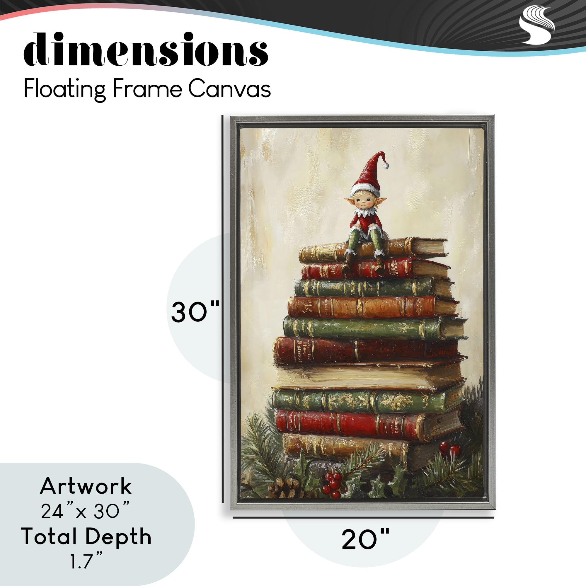 Christmas Elf Bookstack Gray Framed Floater Canvas Wall Art, design by Petal Prints Design