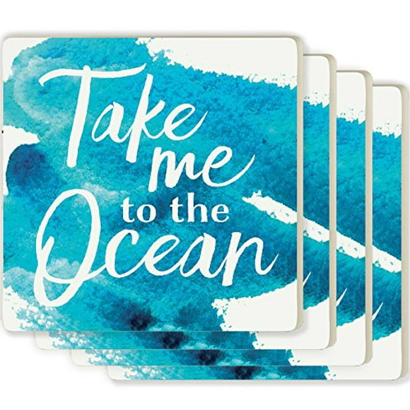 Take Me to the Ocean Blue Watercolor 4 x 4 Ceramic Coaster 4 Pack