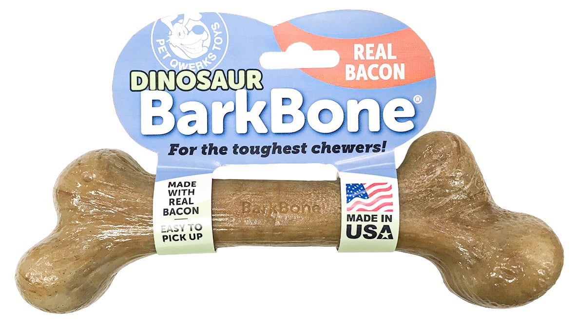 Pet Qwerks Dinosaur BarkBone with Real Bacon Dog Chew Toy for Aggressive Chewers Made in USA 