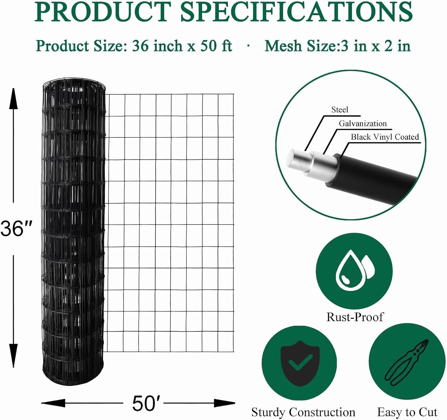 Welded Wire Fence 36 Inch x 50 Foot,  Black PVC Coated Wire Mesh Garden Border Fencing Roll Vinyl Coating Metal Wire Mesh for Yard Vegetable Plant Protection Poultry Netting(16Ga, 2in X 3in）