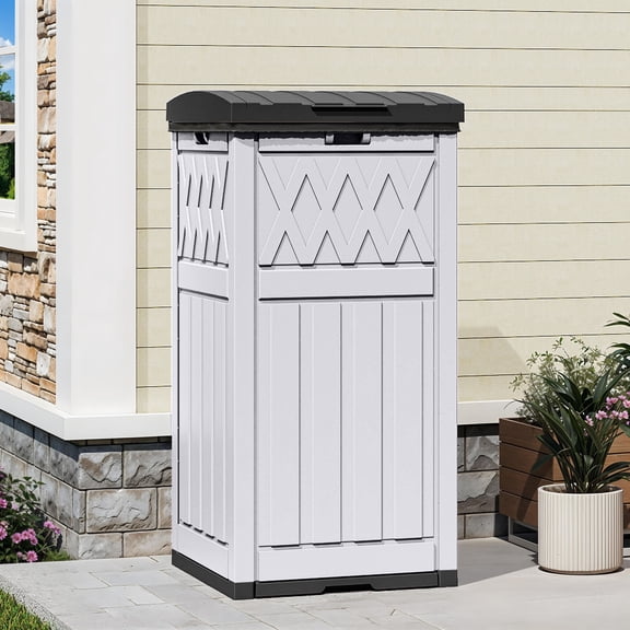 Uforic 32 Gallon Outdoor Trash Can, Waterproof Resin Garbage Bin with Lid & Drip Tray for Porch Backyard Patio, White & Black