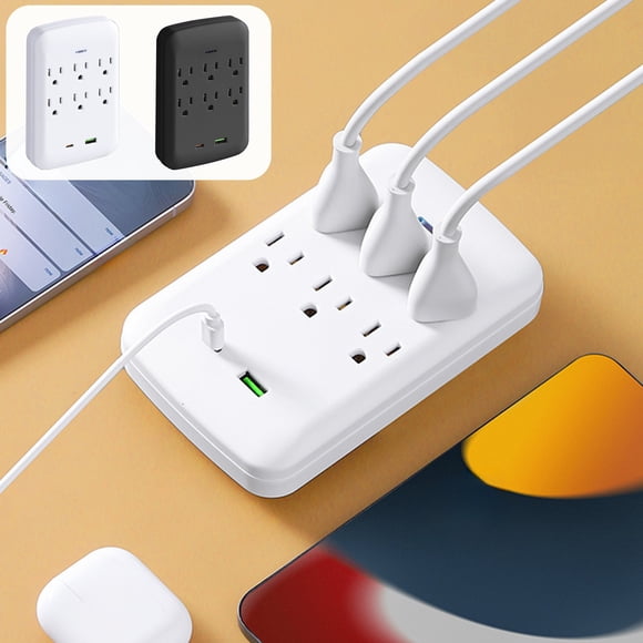 YYV 6-Wall Socket Power Strip with 1 USB A and 1 USB-C Ports Wall-Mountable Multi-Function Charging Station Travel and Home Office Surge-Free Compact Power Hub
