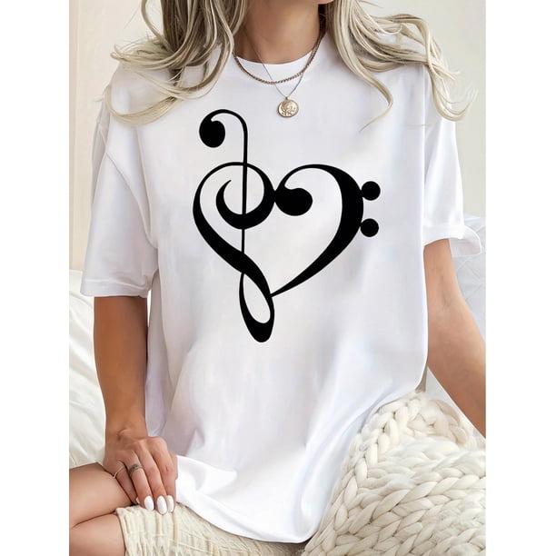 Camiseta de mujer de verano con Cuello RedondoMusic Note Heart Pattern Print Women'S Fashion T-Shirt, Casual Crew Neck Short Sleeve Top, Comfortable Polyester Knit Fabric with Medium Stretch, Geomet