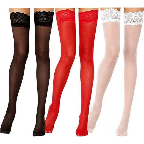3pcs Lace Top Thigh High Stockings,black,white,red 