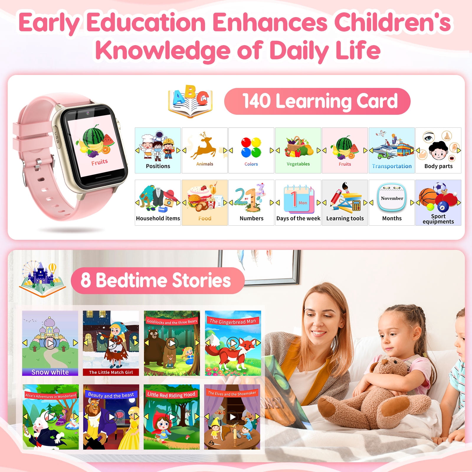 Eurhowing Kids Smart Watch Age 3-12, 31 Games, Learning Cards, HD Touch Screen, Camera, Music, Audiobook, Pedometer, Fun & Educational Birthday Gift Idea, Pink
