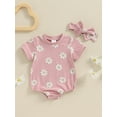 thumbnail image 2 of FEORJGP Toddler Little Girls One-piece Rompers 0 3M 6M 12M 18M Infant Baby Round Neck Jumpsuits Floral Print Short Sleeve Bodysuits with Headband Kids Fashion Cute Casual Summer Clothes for Daily, 2 of 8