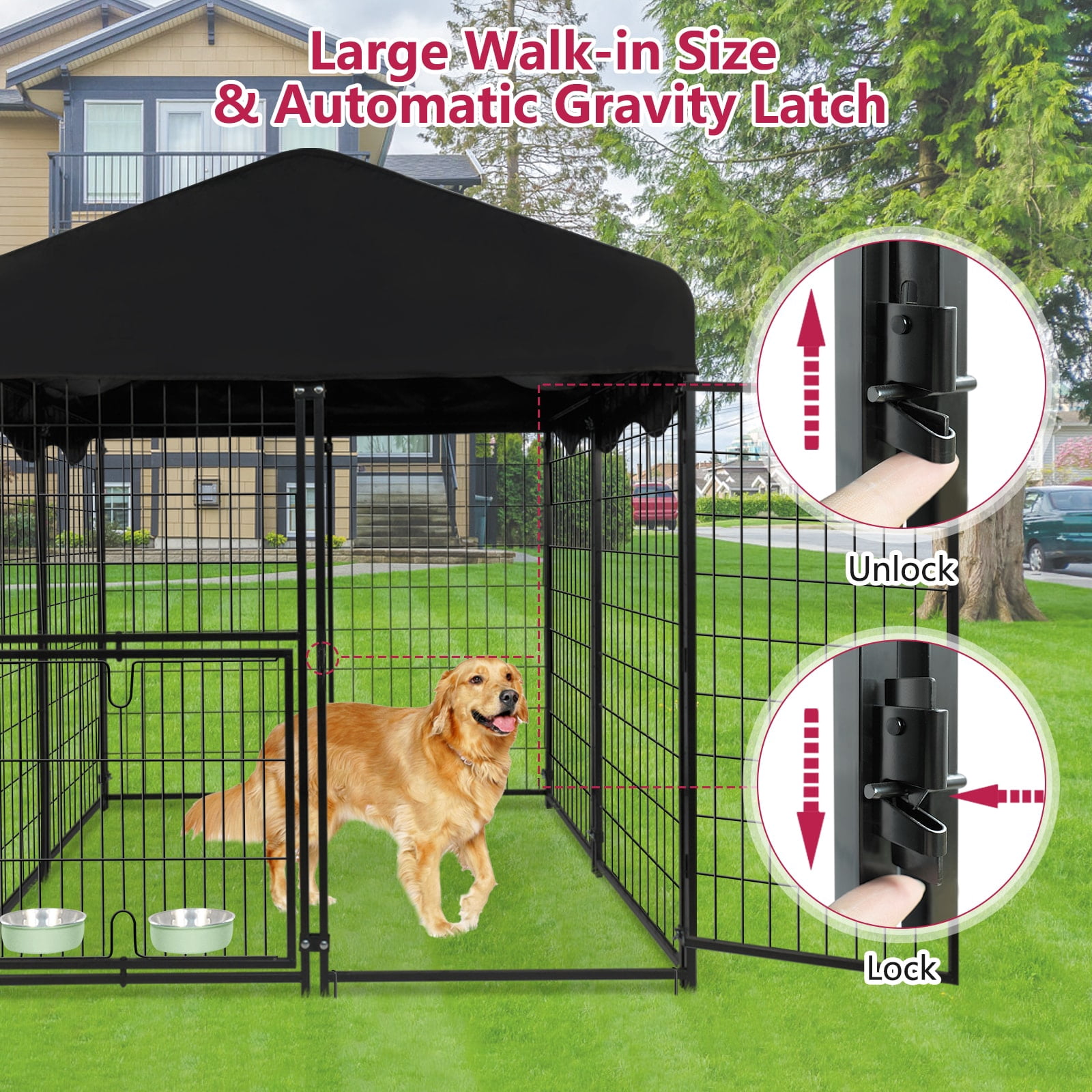 Jhsomdr Outdoor Dog Kennel 4.2ft x 4ft x 4.5ft Welded Wire Large Dog Kennel Dog Cage for Medium/Small Dogs, Heavy Duty Dog Crate with Rotating Feeding Door & UV-Resistant Cover