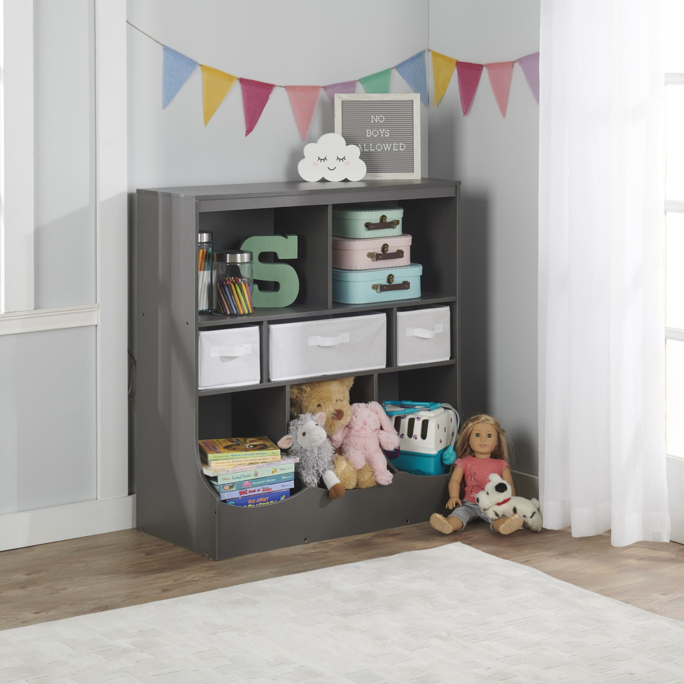 Badger Basket Combo Bin Wood Toy Storage Organizer with Three Baskets 8.6 Cu ft. - Charcoal