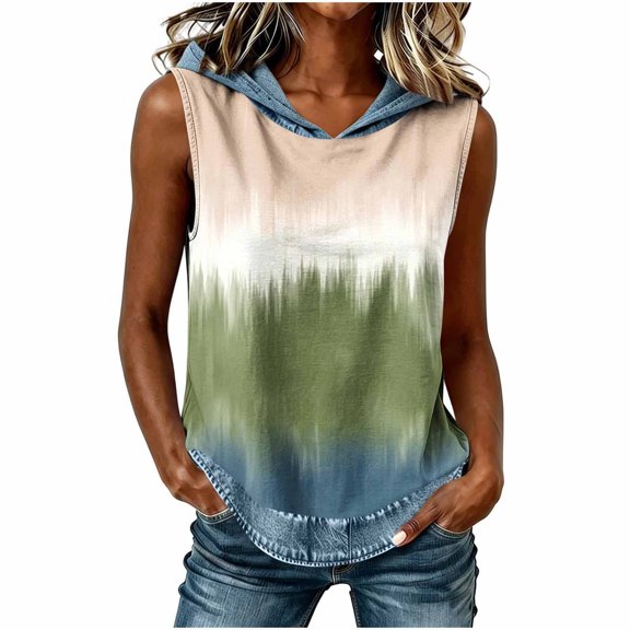 GERsome Hooded Tank Tops Women's Sleeveless Shirts Trendy Print Color Block Summer Casual Blouses A-Green Size XL