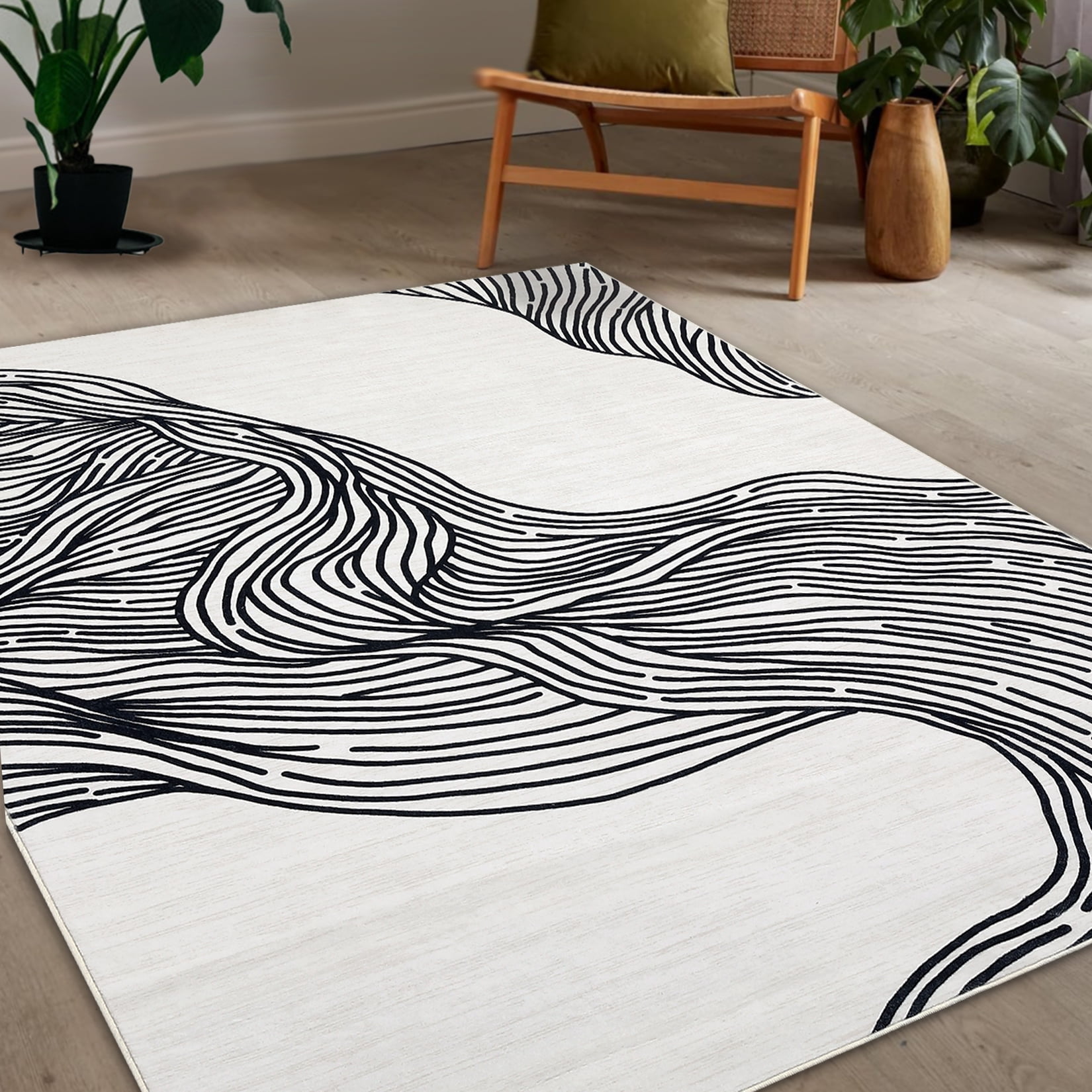COZONY 10x13 Area Rug, Modern Abstract Washable Faux Wool Carpet with Non Slip TPR Backing, Low Pile Foldable Rug for Living Room Bedroom, Beige Black