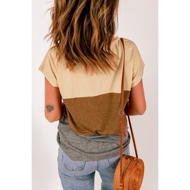 ABPHQTO Top de mujer con manga casquillo y bolsillo color block marrón