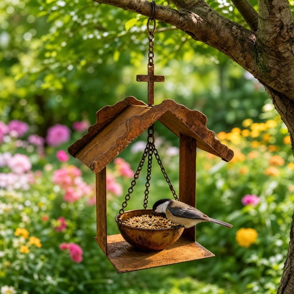 Vintage Rust Hanging Bird Feeder House with Chain Hook, Large Metal Bird Food Bowl for Backyard Garden Outdoor Decor