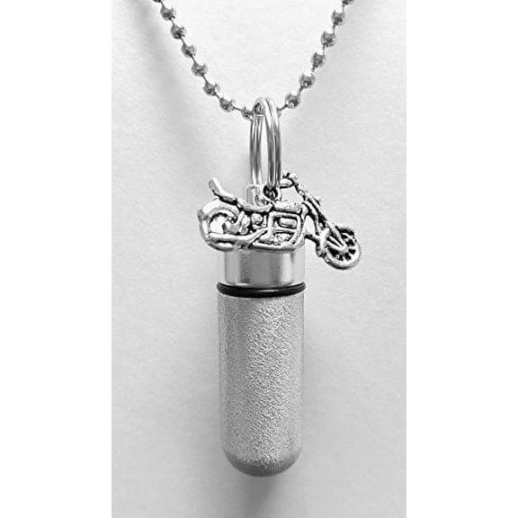 Brushed 2-Tone Silver MOTORCYCLE CREMATION URN with ENGRAVED FLAG - Includes Velvet Pouch, Ball-Chain and Fill Kit