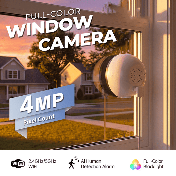 VividEye 2K Window Cameras For Home Security, 5G & 2.4GHz WiFi Indoor Camera With Full Color Night Vision, Human/Motion Detection, 24/7 Recording, Peel-and-Stick, Easy & Quick Install