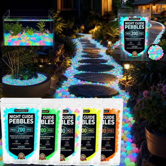 200pcs Colorful Glow-In-The-Dark Garden Stones, Night Guide Pebbles for Outdoor Landscaping Decor and Fish Tank Aquarium Decorations, Multicolor
