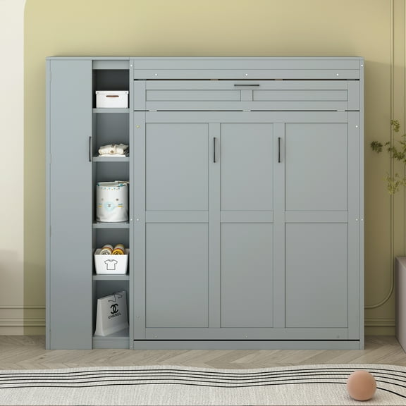 Full Size Murphy Bed Wall Bed with Shelves, Wardrobe and LED Lights,Gray