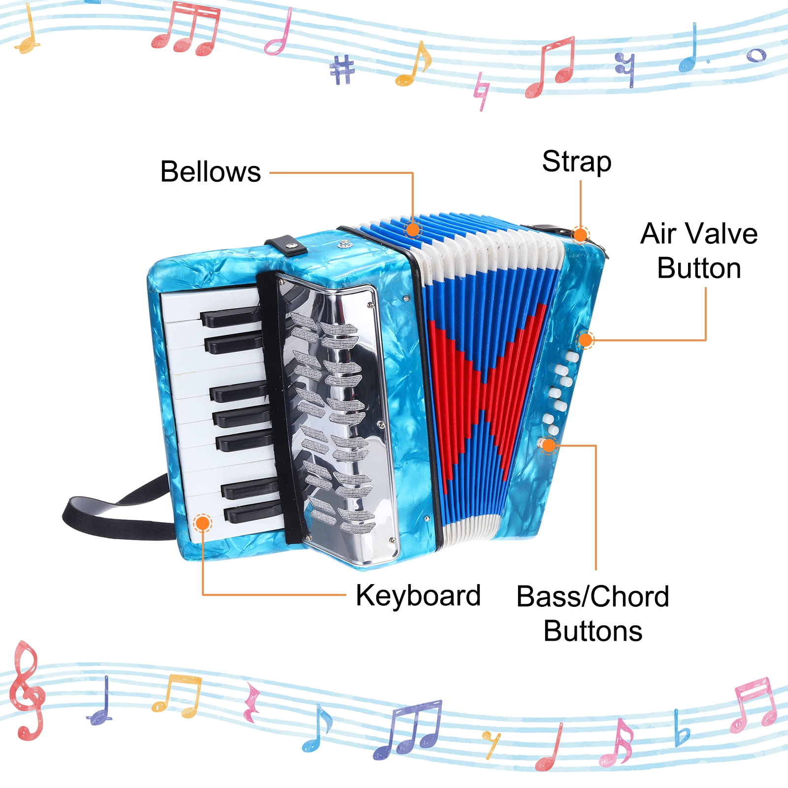 Uxcell Accordion, 17 Keys 2 Bass Button Accordion Mini Musical Instrument, Sky Blue