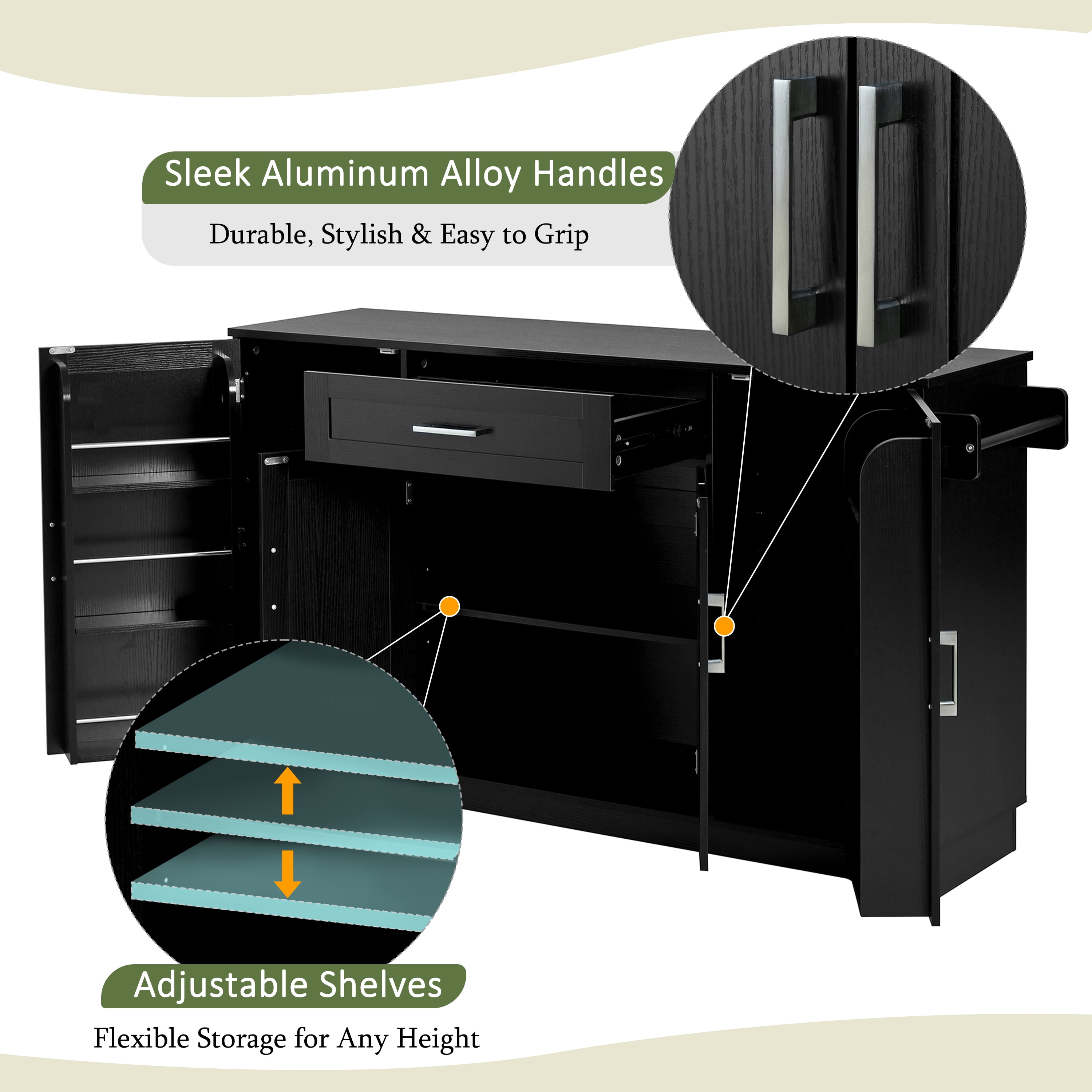 Mintazer 54" Modern Farmhouse Sideboard Buffet Cabinet with 4 Doors & Drawer and Adjustable Shelves, Freestanding Kitchen Storage Cabinet with Side Racks & Hanging Rod, Black