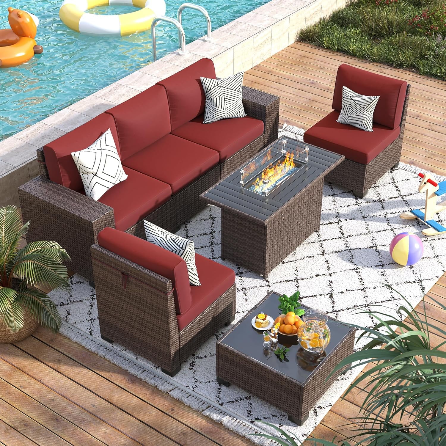 ELPOSUN Outdoor Sectional Furniture Set with Fire Pit Table, 7-Piece Brown Rattan Wicker Conversation Sofa Set for Porch Garden Backyard Balcony,Wine Red