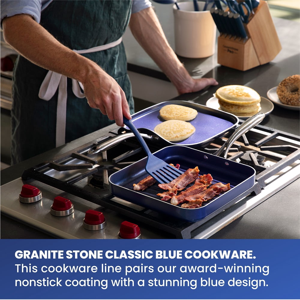 Granite Stone Blue Square Nonstick Griddle Pan with Ultra Durable Mineral and Diamond Triple Coated Surface, Stay Cool Stainless-Steel Handle, Oven & Dishwasher Safe